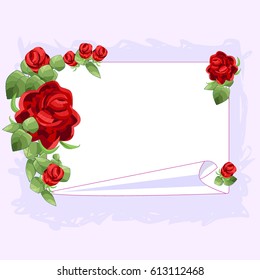 Red graphic rose frame white sheet of paper. Card with flowers