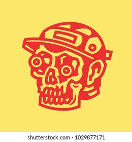 Red graphic terrible head in a cap, skull with eyes in a cap. Contour, outline, concept illustration. Vector, isolated.
