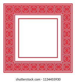 Red graphical linear ornamental geometric frame, cover, card, template. Mystic black native vector ornament. From circles and square.
