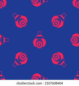 Red Grapple crane grabbed a log icon isolated seamless pattern on blue background. Forest industry. Industrial crane for lumber trunk wood production.  Vector
