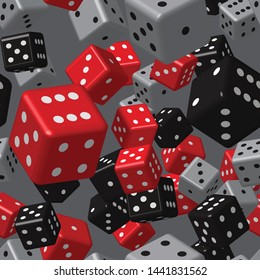 Red Gray Black Dice Seamless Pattern, 3D Illustration on Gray Background