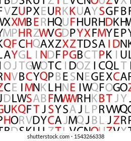 Red, gray and black letters. Letters of the alphabet in random order on a white background. Abstract vector design seamless pattern illustration. Newspaper style wallpaper or backdrop