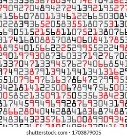 Red, gray and black numbers. Numerical letters of the alphabet in random order on a white background. Abstract vector design seamless pattern illustration. Newspaper style wallpaper or backdrop