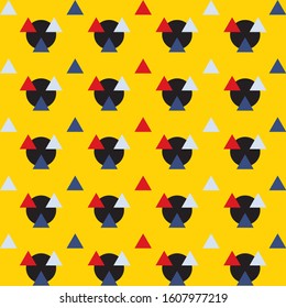 red gray blue triangles and black circle pattern on bright yellow background