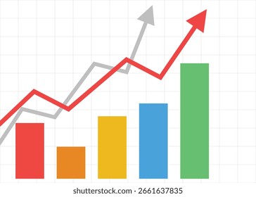 Gráfico de flechas de negocios rojas y grises que se eleva en un patrón en zigzag con barras multicolor que representan el beneficio, el éxito, el auge económico y el beneficio comercial