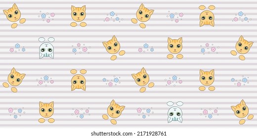 Red and gray cat faces and paws on a gray striped background with flowers. Endless texture with cute kittens. Vector seamless pattern for cover, wrapping paper, surface texture and printing on clothes