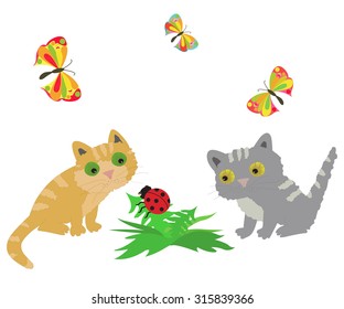 Red and gray cat stare on a ladybug, and above them butterflies. t-shirt design.Vector illustration