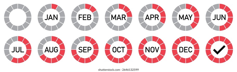 Ícones circulares de progresso de mês vermelho e cinza com o rastreador anual. Rastreador circular de meses vermelho e cinza mostrando o progresso de janeiro a dezembro com uma marca no ícone final. Ilustração vetorial.