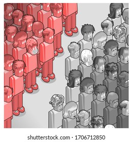 Red and gray colored people keeping distance from each other (vector illustration, isometric style)
