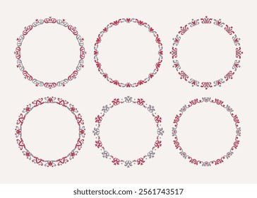 Red and gray empty isolated round borders heart motif blank valentine emblems set design elements on off white background