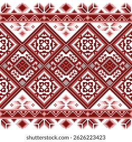 Red and gray ethnic Cross-Stitch Embroidery - Detailed Vector
Illustration for Textile Print Design , pixel art backgroud bookcase packing , decoretion tile wallpaper national flannel 