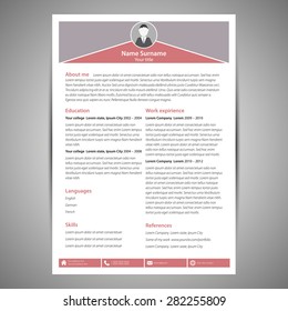 Red and gray flat resume and cv template. Vector Illustration.