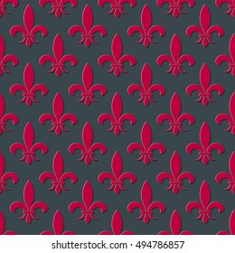 Red and gray fleur de lis seamless background. Pattern with french lily illustration