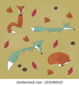 red and gray foxes, leaves and nuts
