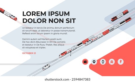 Red and gray freight trains are moving along the rails. Isometric illustration or background for a presentation, annual report, booklet, brochure. Strokes are editable