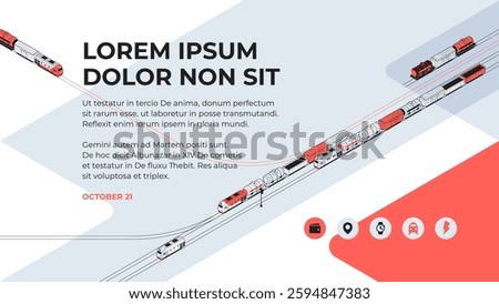 Red and gray freight trains are moving along the rails. Isometric illustration or background for a presentation, annual report, booklet, brochure. Strokes are editable
