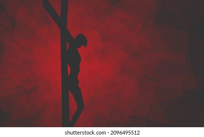 Red and gray geometric silhouette image of the Crucifixion of Jesus Christ, with glowing red background.