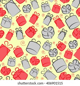Red and gray gift boxes on yellow background seamless pattern. Saved in swatches.