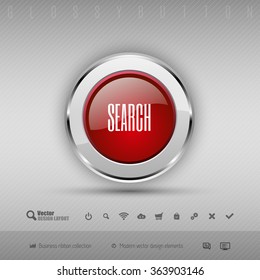 Red and gray glossy button with set of icons. Vector business design elements.