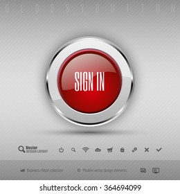 Red and gray glossy button with set of icons. Vector business design elements.