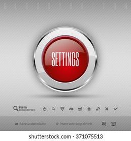 Red and gray glossy button with set of icons. Vector business design elements.