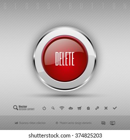 Red and gray glossy button with set of icons. Vector business design element.