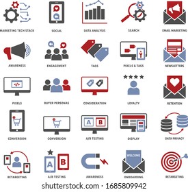 Red, Gray And Light Blue Digital Marketing Icon Set:  Includes Icons For The Entire Customer Journey,  Digital Marketing Technologies (martech) And Tactics And Touchpoints Used In The Customer Funnel.