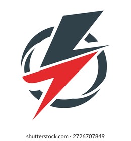 Logotipo rojo y gris del relámpago con el icono circular de los Elementos de diseño