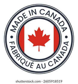 Red and Gray Made In Canada isolated sticker, sign, mark. Canadian Flag Leaf. French and English Language. Vector illustration.