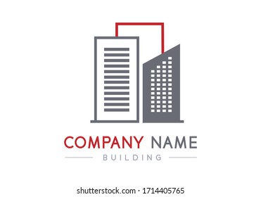 Logotipo de edificio moderno rojo y gris, vector de arquitectura y diseño de construcción, empresa comercial de marca creativa de fondo blanco