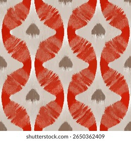 Red and gray patterned ikat fabric, symmetrical, circular pattern. grunge lines ikat pattern, ikat seamless pattern, Vector illustration background for print the paper.