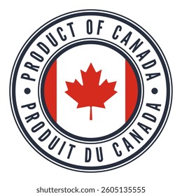 Red and Gray Product of Canada isolated sticker, sign, mark. Canadian Flag Leaf. French and English Language. Vector illustration.