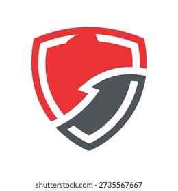 Red and gray shield logo with bold design and dynamic curves