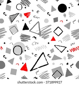 Red, gray and white seamless geometric 1980s styled pattern with triangles, circles, squares and doodles.