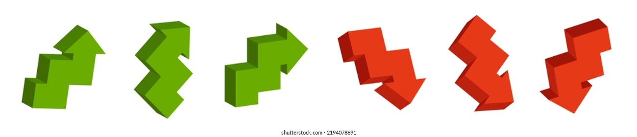 Red and green 3d arrow. Vector isometric arrow set isolated on white background.
