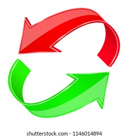 Red and green 3d arrows. Recycle sign. Vector illustration isolated on white background