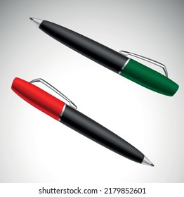 Pluma 3D ROJA y VERDE en un estilo realista aislado de fondo blanco. 3 quinquies. Material - Ilustración vectorial para su diseño y negocio