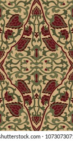 Red and green abstract pattern. Oriental filigree ornament. Colorful template for textile, shawl, carpet. 