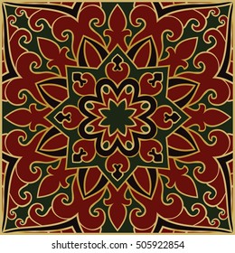 Red and green abstract pattern. Oriental ornament. Template for carpet, shawl, cushion.