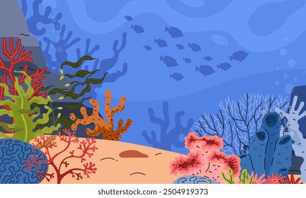 Red and green algae. Coral reef. Deep ocean bottom. Banner. Sand, stones. Blue water, silhouettes of fish. Inhabitants of the deep sea. Underwater landscape. Marine environment. Vector illustration.