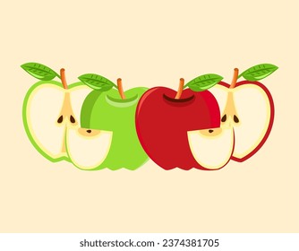 Rote und grüne Apfelfrucht-Symbol-Vektorgrafik kann für Apfellogos Apfeltag mit gelbem Hintergrund verwendet werden.