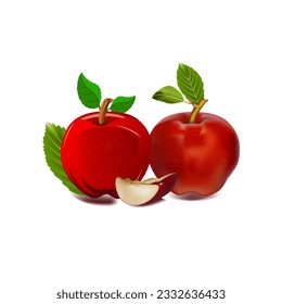 red and green apple fruits with cut and green leaves.
