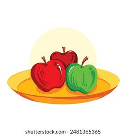 Red and green apple fruits on yellow plate vector drawing illustration isolated on square white background. Simple flat cartoon art styled food drawing.