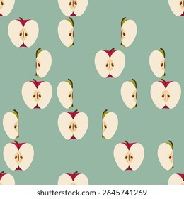 Red and Green Apple Halves in Clusters on Green Background. Seamless Pattern Design