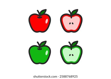 red and green apple icon flat set