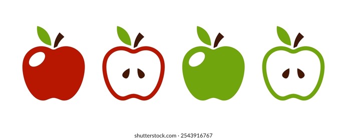 Conjunto de iconos de manzana roja y verde entero y dividido por la mitad. Ilustración vectorial de rodajas de manzana. Núcleo de manzana madura con símbolo de semillas. Signo de comida saludable colorido. Pedazo de pictograma de manzana o glifo aislado.