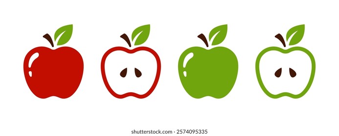 Red and green apple icon set whole and split on a half. Apple slice vector illustration. Ripe apple core with seeds symbol. Colorful healthy food sign. Piece of apple pictogram or glyph isolated.