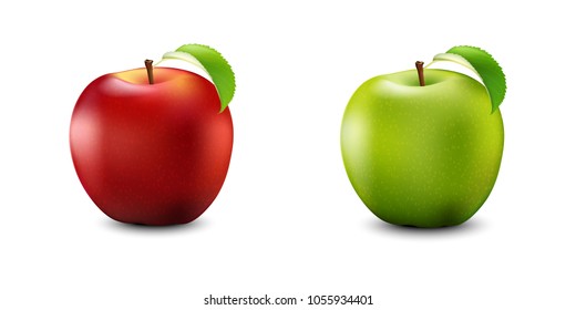 Red and Green Apple Set. Realistic With Leaf. Detailed 3d Illustration Isolated On White. Design Element For Web Or Print Packaging. Vector Illustration. 