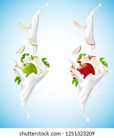 Red and green apple set splashing into milkshake. On the blue background. Falling slices. Packaging design. Vector Illustration.