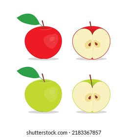 Red and green apple whole and halves vector set